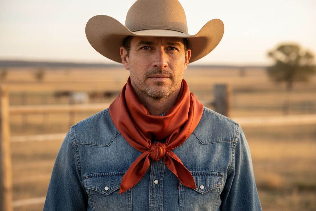 Rusty red brown wild rag scarf worn by cowboy with denim and hat