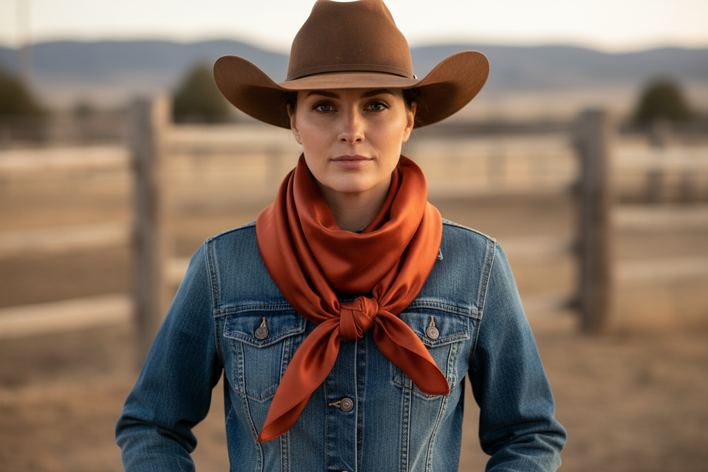 Rusty red brown wild rag scarf worn by cowgirl with denim and hat