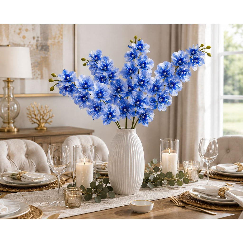 Artificial Silk Blue Orchid Stem 25 Inch Faux Phalaenopsis Flower Wedding Centerpiece Home Decor Floral Arrangement
