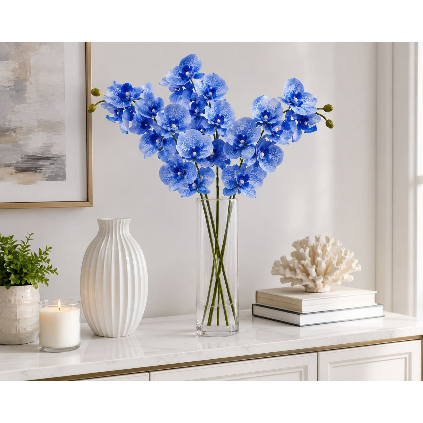 Artificial Silk Blue Orchid Stem 25 Inch Faux Phalaenopsis Flower Wedding Centerpiece Home Decor Floral Arrangement