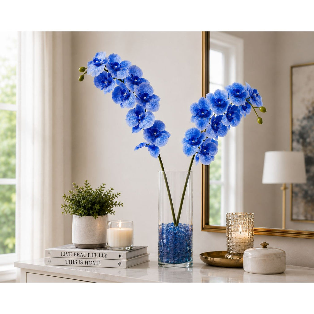 Artificial Silk Blue Orchid Stem 25 Inch Faux Phalaenopsis Flower Wedding Centerpiece Home Decor Floral Arrangement