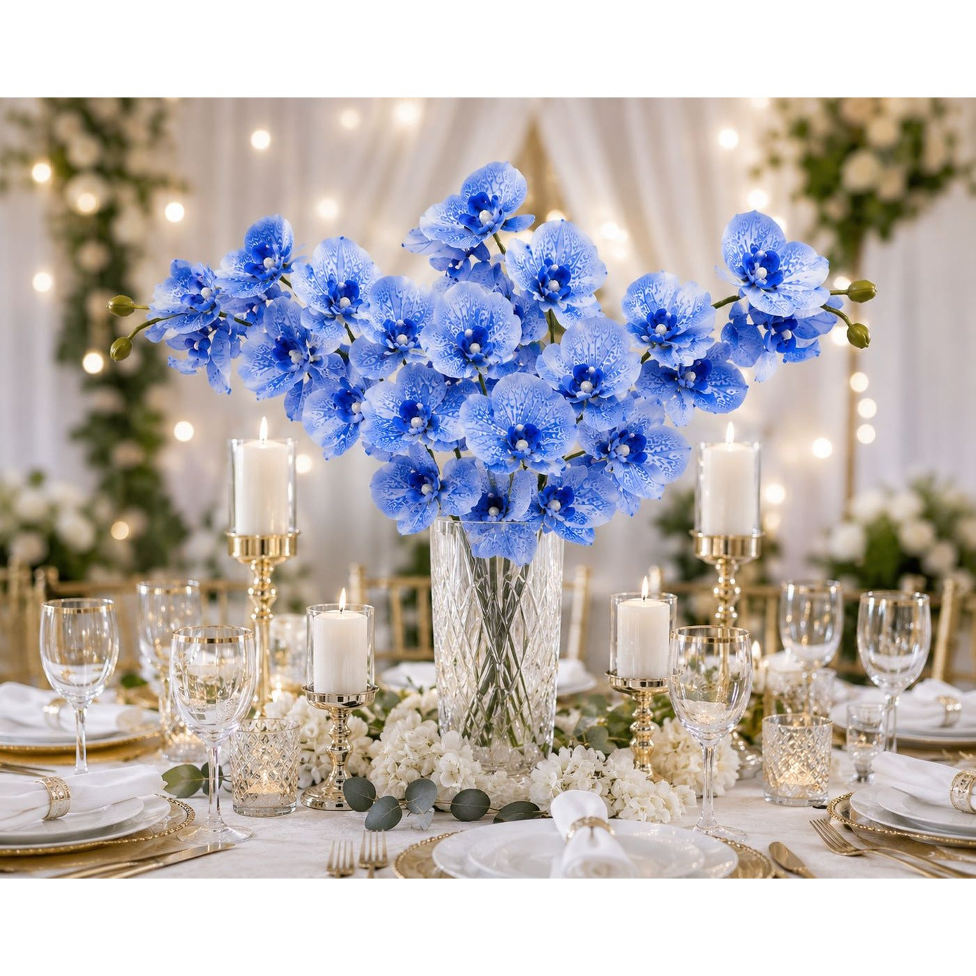 Artificial Silk Blue Orchid Stem 25 Inch Faux Phalaenopsis Flower Wedding Centerpiece Home Decor Floral Arrangement