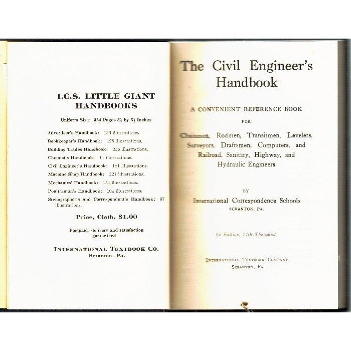 Open book showing the title 'The Civil Engineer's Handbook' and text about I.C.S. Little Giant Handbooks.