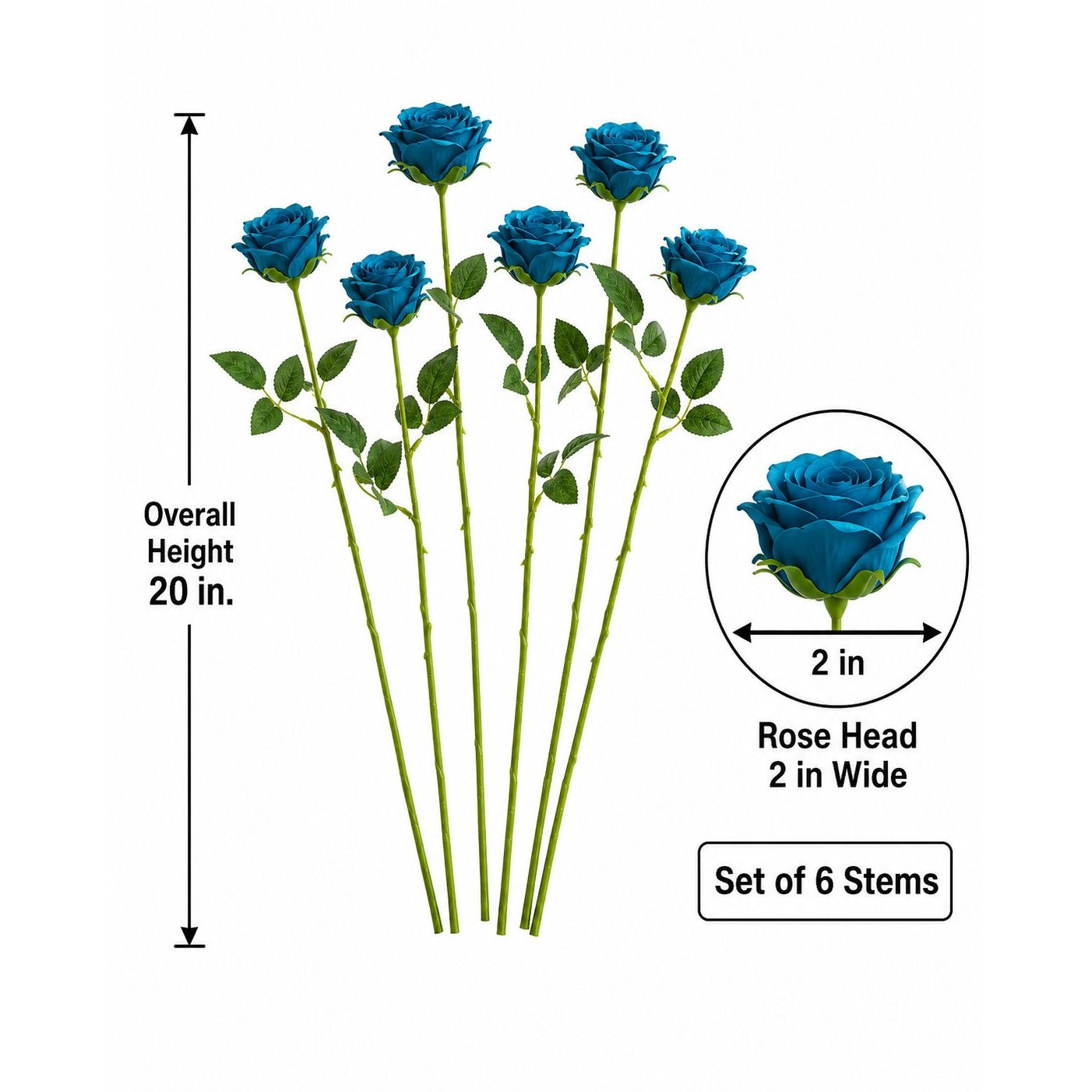 Peacock Teal Rose Stems Set of 6, 20 Inch Artificial Silk Flowers, Fall Wedding Bouquet and Centerpiece Decor