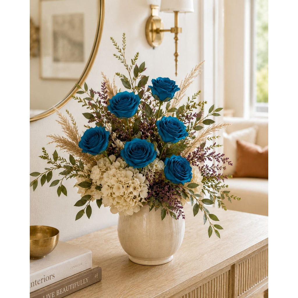 Peacock Teal Rose Stems Set of 6, 20 Inch Artificial Silk Flowers, Fall Wedding Bouquet and Centerpiece Decor