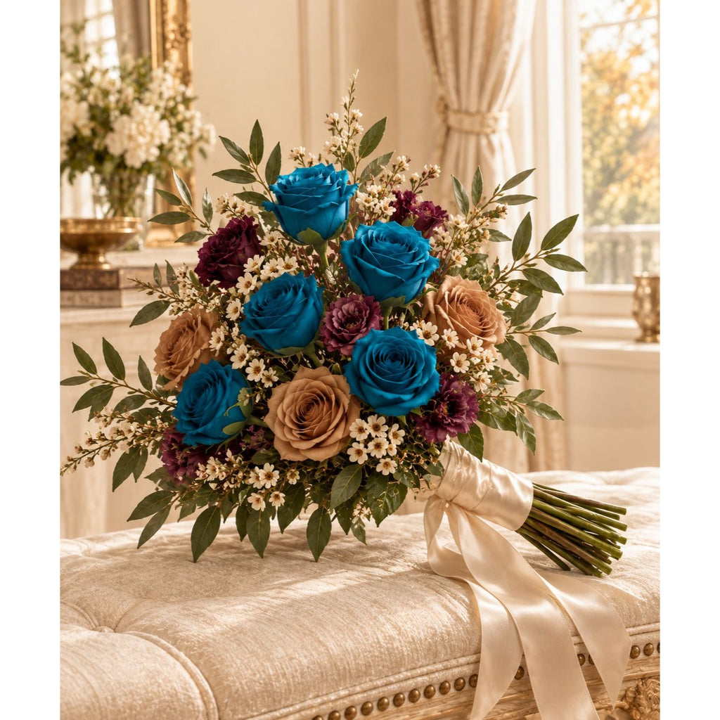 Peacock Teal Rose Stems Set of 6, 20 Inch Artificial Silk Flowers, Fall Wedding Bouquet and Centerpiece Decor