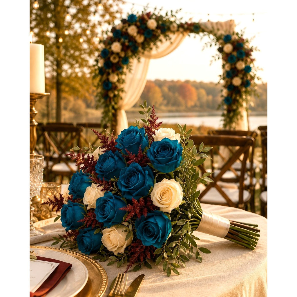 Peacock Teal Rose Stems Set of 6, 20 Inch Artificial Silk Flowers, Fall Wedding Bouquet and Centerpiece Decor