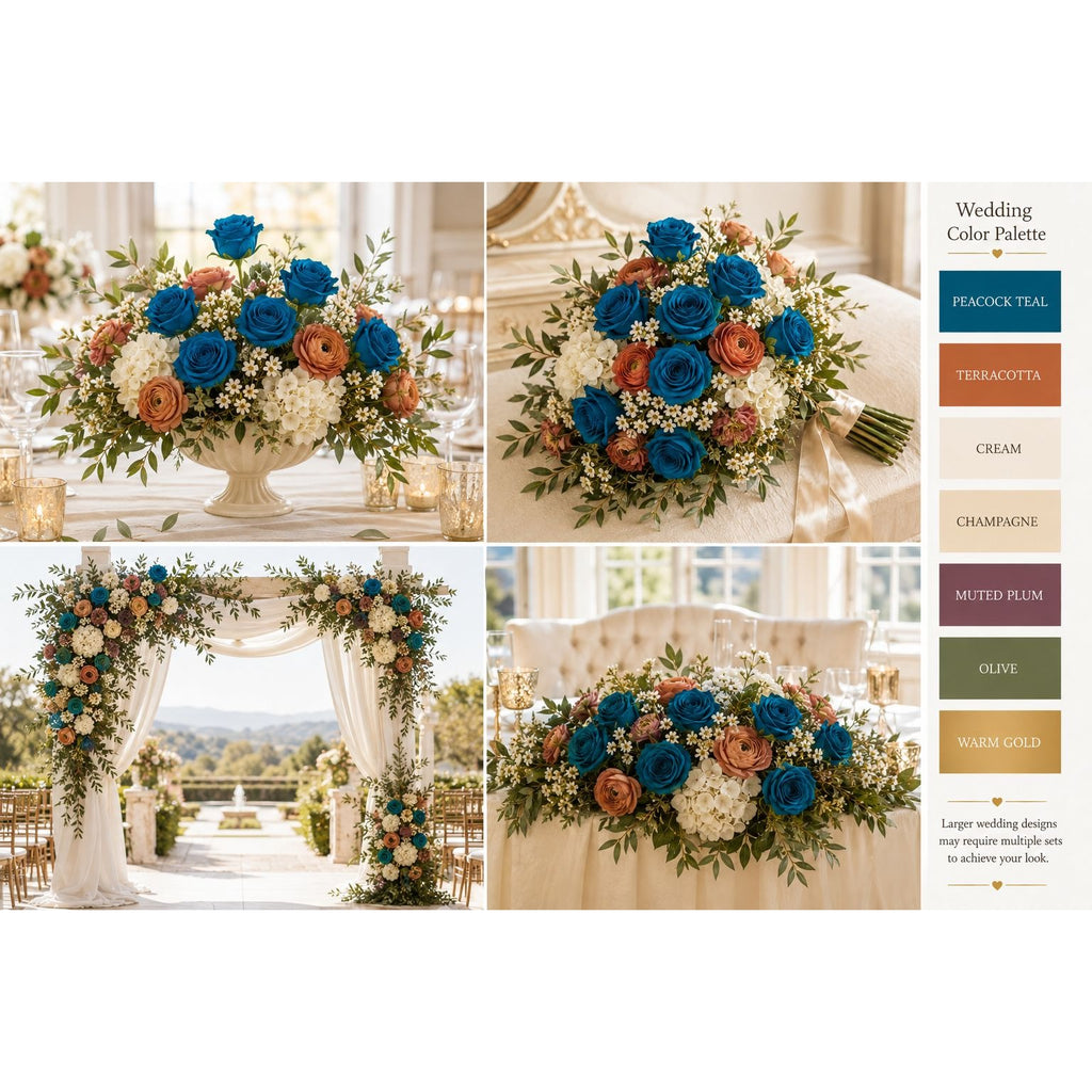 Peacock Teal Rose Stems Set of 6, 20 Inch Artificial Silk Flowers, Fall Wedding Bouquet and Centerpiece Decor