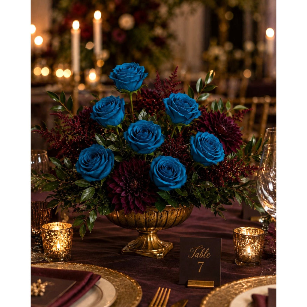 Peacock Teal Rose Stems Set of 6, 20 Inch Artificial Silk Flowers, Fall Wedding Bouquet and Centerpiece Decor