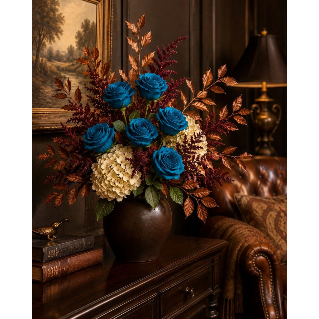 Peacock Teal Rose Stems Set of 6, 20 Inch Artificial Silk Flowers, Fall Wedding Bouquet and Centerpiece Decor