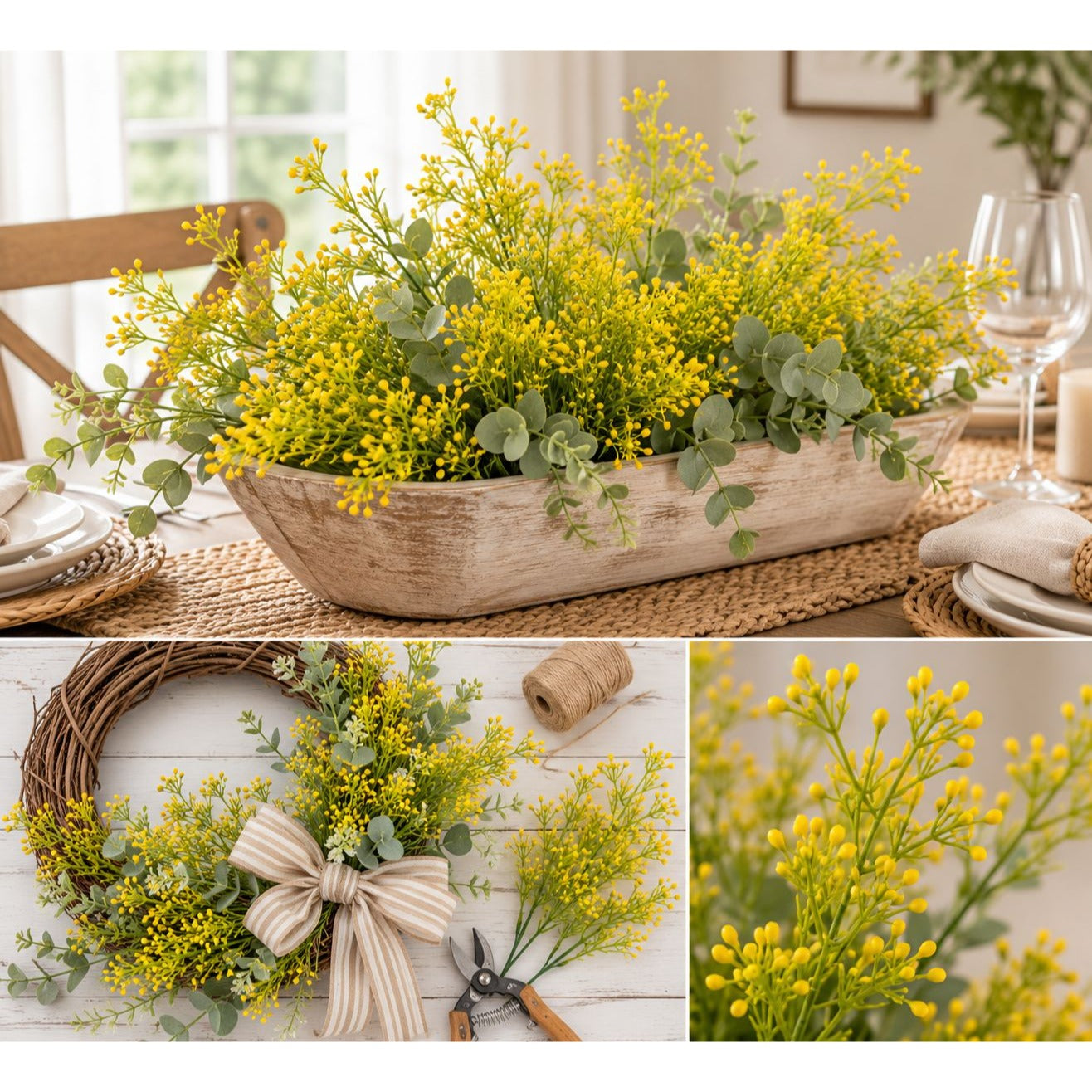 Set of 2 Faux Wax Flower Sprays 13 Inch Artificial Filler Flowers Yellow Wildflower Stems Farmhouse Floral Picks Wreath Making Supplies
