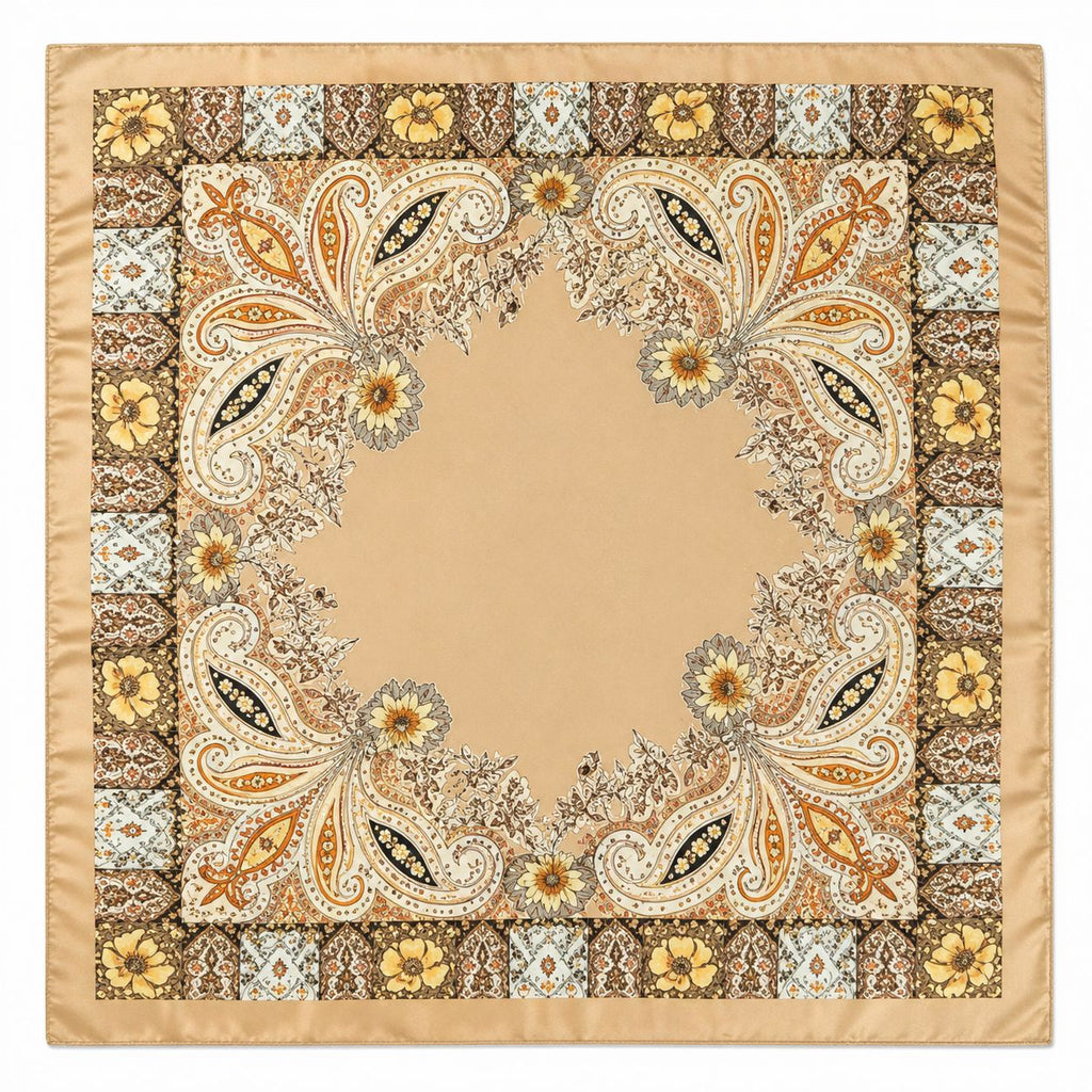 Luxury Paisley Floral Satin Scarf for Women – 27" Square Beige Cream Gold Boho Headscarf