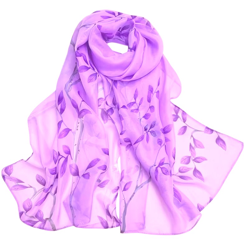 Lavender Chiffon Scarf Purple Leaf Wrap Sheer Floral Shawl Lightweight Vintage Style Spring Summer Accessory