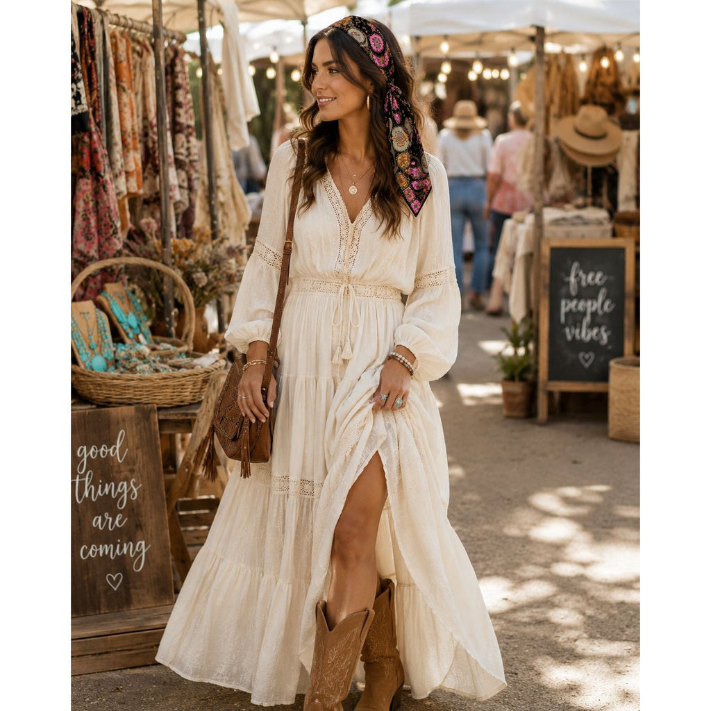 A woman wearing a bohemian-style cream maxi dress with lace details, a tie waist, and a high slit, accessorized with a floral headscarf and brown cowboy boots, standing at an outdoor market.