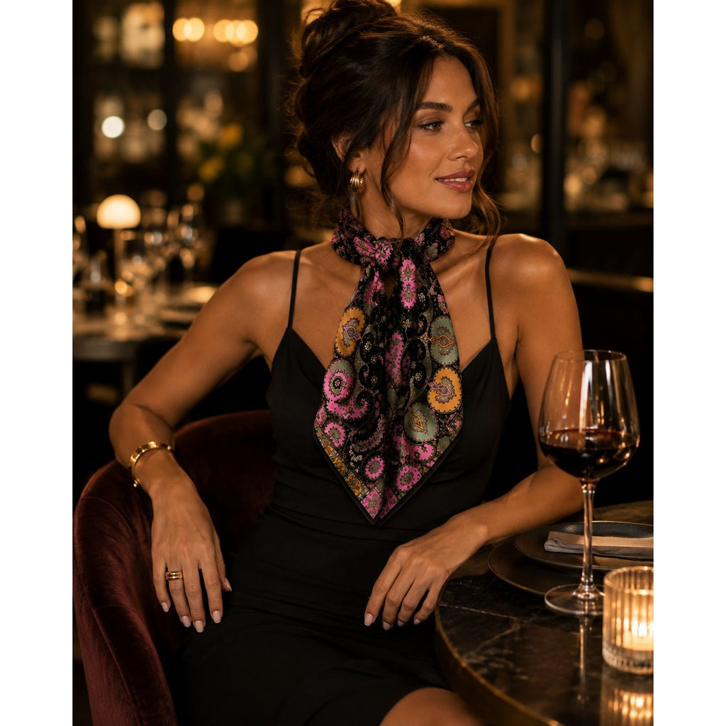 A woman seated at a restaurant table wearing a black halter dress and a colorful patterned neck scarf. A glass of red wine and a lit candle are on the table in front of her, with a softly blurred warm-toned restaurant interior in the background.