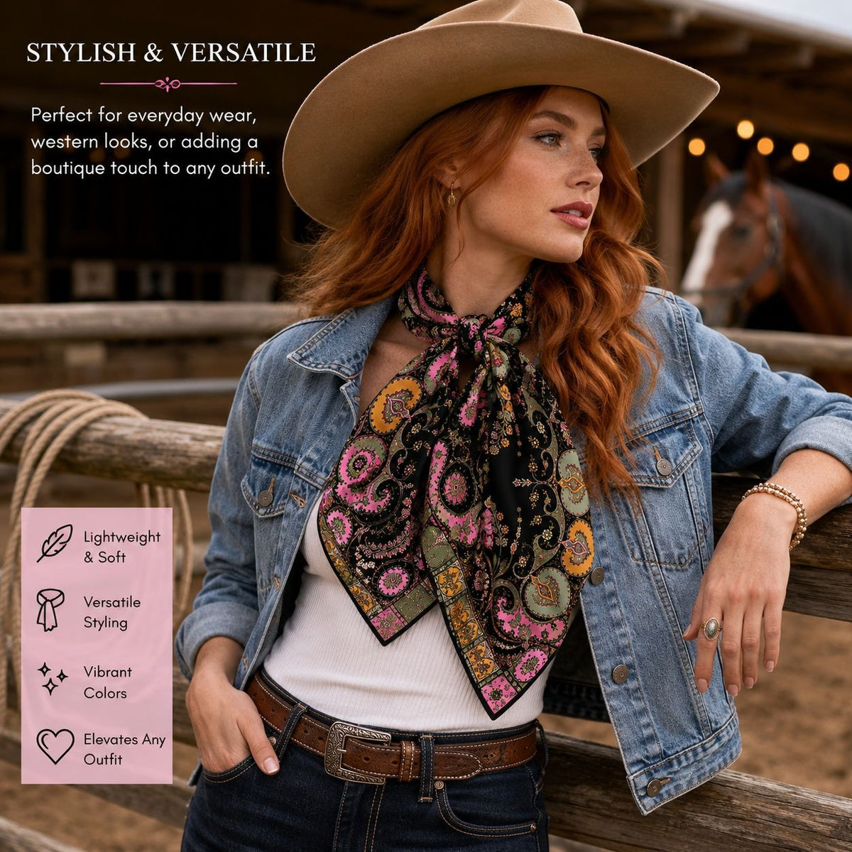 A woman in a western outfit leans against a wooden fence in a barn, wearing a black paisley scarf with pink, orange, and green patterns. Text on the left highlights the scarf's lightweight, versatile styling, and the top right reads 'STYLISH & VERSATILE'.