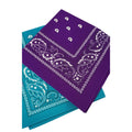 Two bandanas, one purple and one blue, with white paisley patterns on a white background.