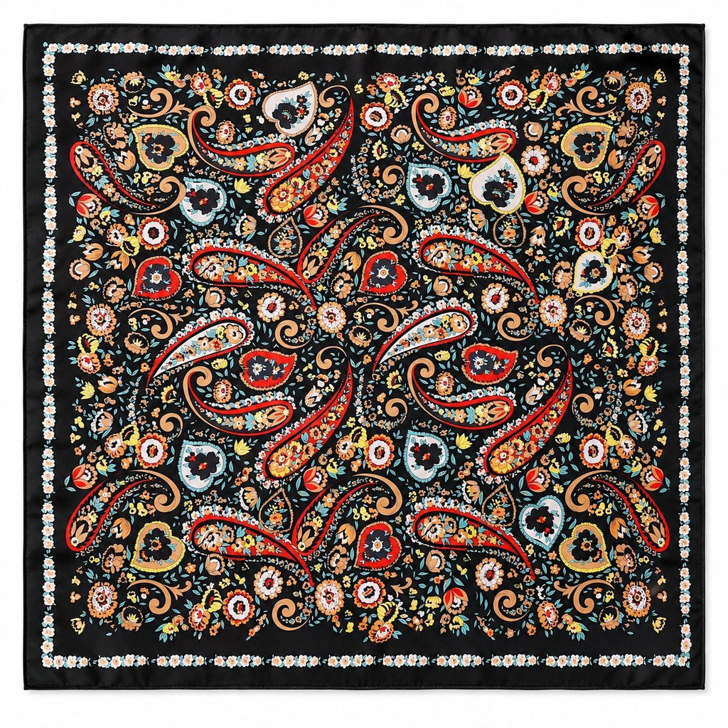 A square black satin scarf featuring an intricate paisley and floral pattern in red, gold, blue, and white, finished with a decorative white border.