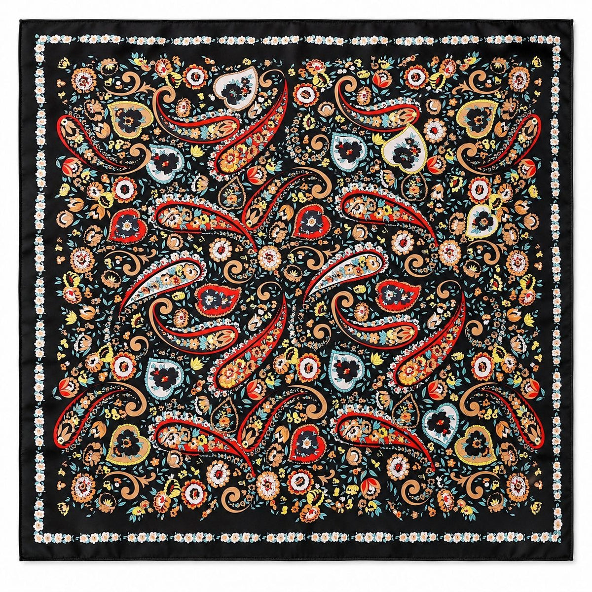 A square black satin scarf featuring an intricate paisley and floral pattern in red, gold, blue, and white, finished with a decorative white border.