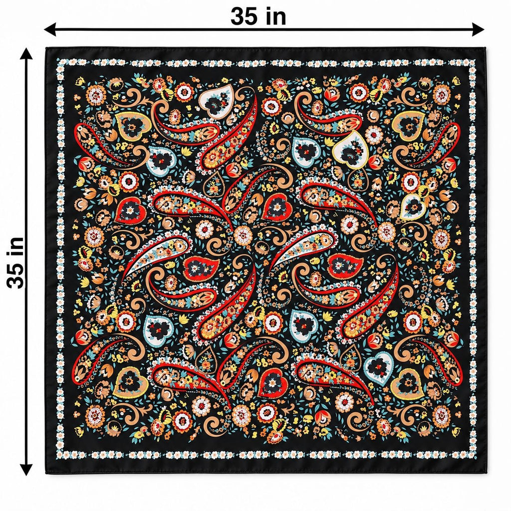 A square black scarf with a vibrant multicolor paisley pattern, shown with dimension lines indicating a size of 35 inches by 35 inches on a white background.
