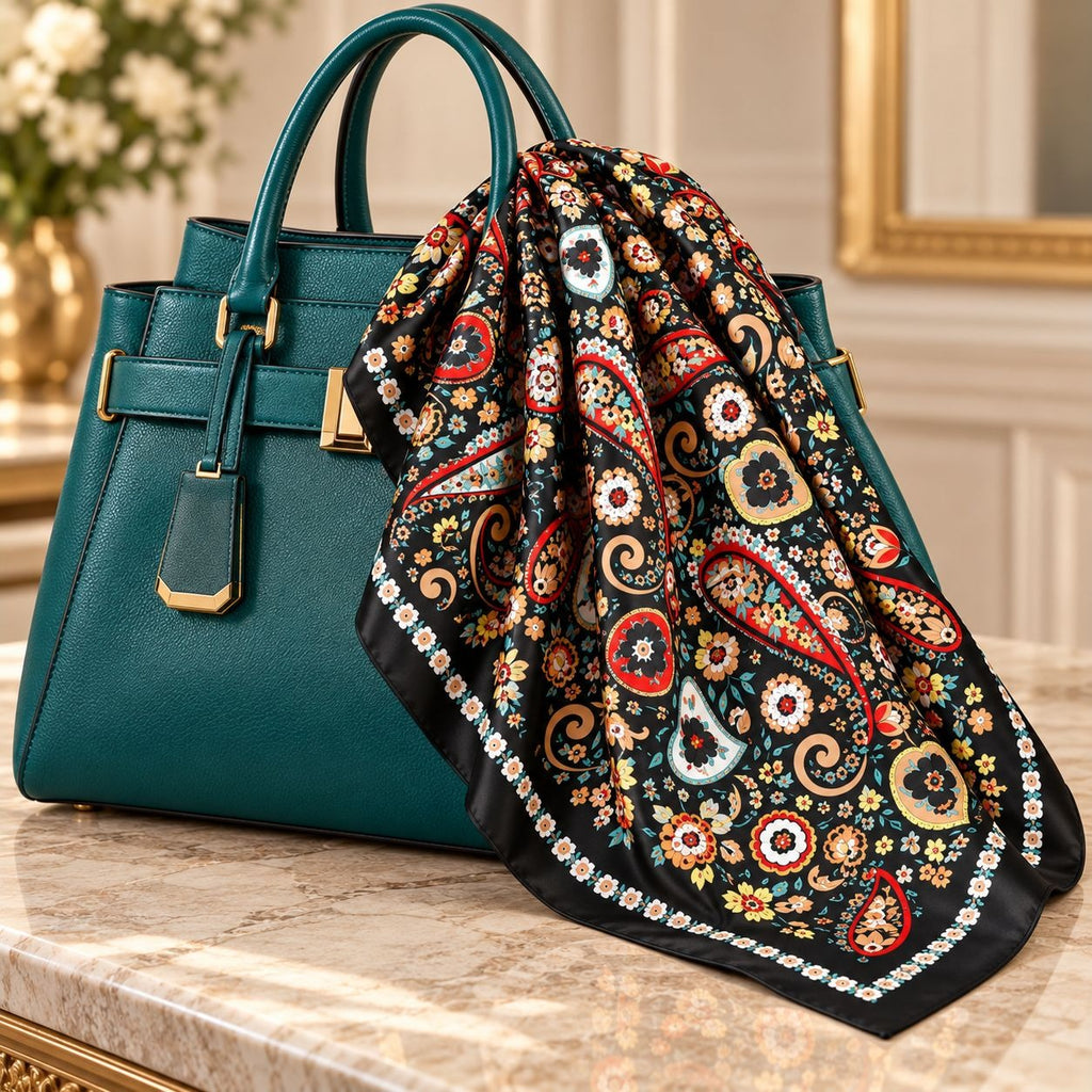 A teal leather handbag with gold-tone hardware sits on a marble surface, draped with a black silk scarf featuring a colorful paisley and floral pattern.