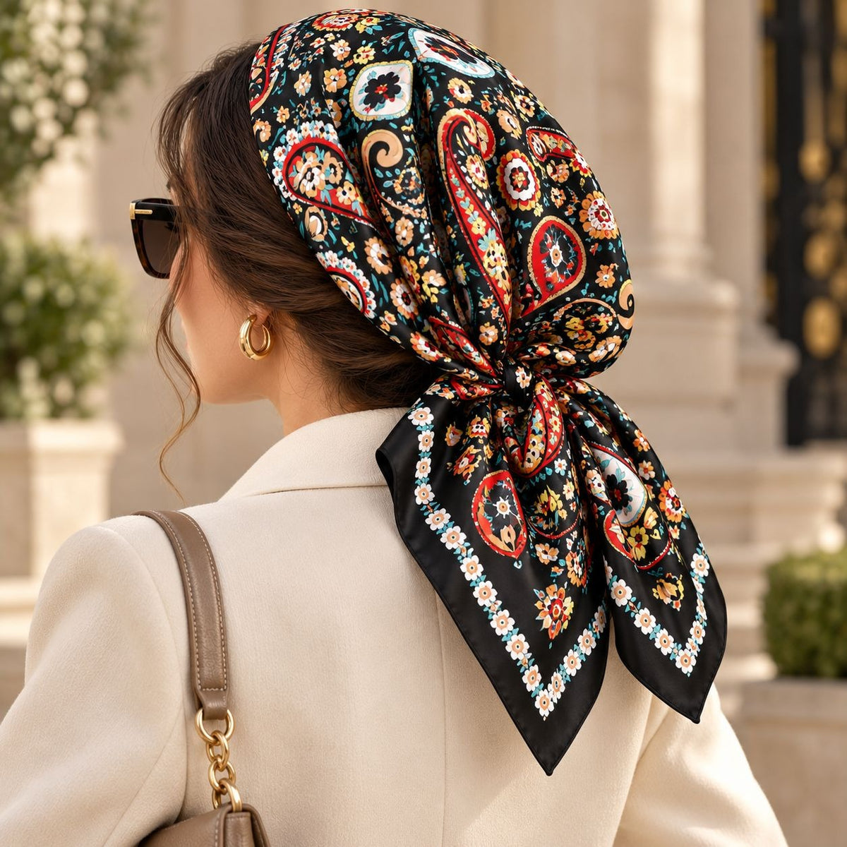 A woman shown from the back wearing a black silk scarf with a vibrant multicolor paisley and floral pattern tied under her head. She is wearing a cream-colored blazer, gold hoop earrings, and sunglasses, with a blurred outdoor architectural background.