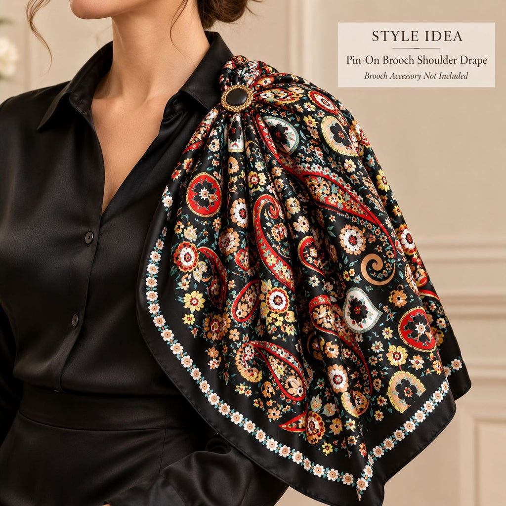 A close-up of a woman wearing a black satin shirt with a patterned brooch shoulder drape tied at the collarbone. The drape features a black background with red, gold, and white paisley and floral motifs, and a small gold pin brooch at the top.