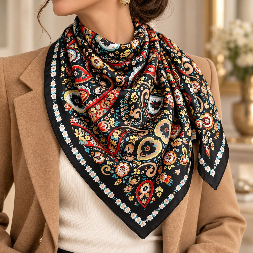 A woman wearing a tan blazer and cream ribbed top models a square silk scarf with a black background and a colorful paisley and floral pattern.