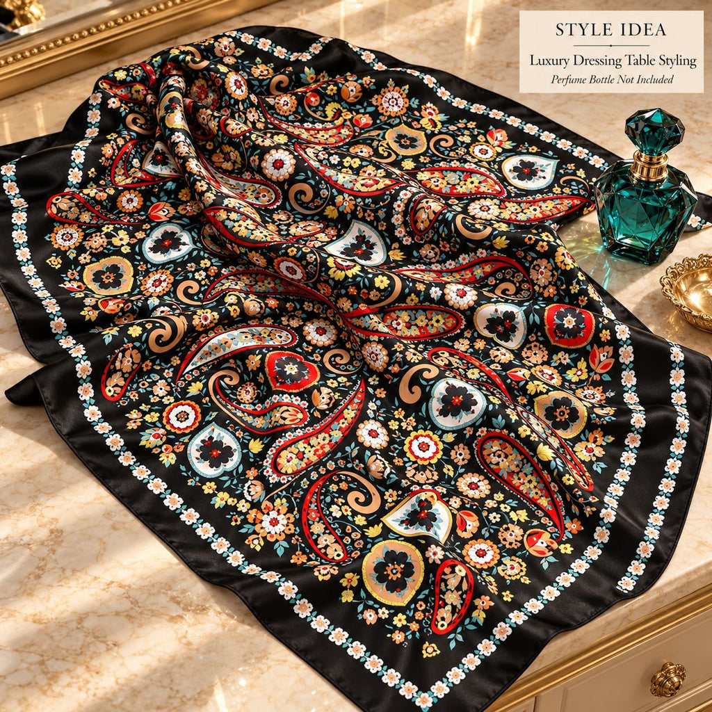 Black Paisley Floral Satin Square Scarf 35x35 Polyester Red Turquoise Fashion