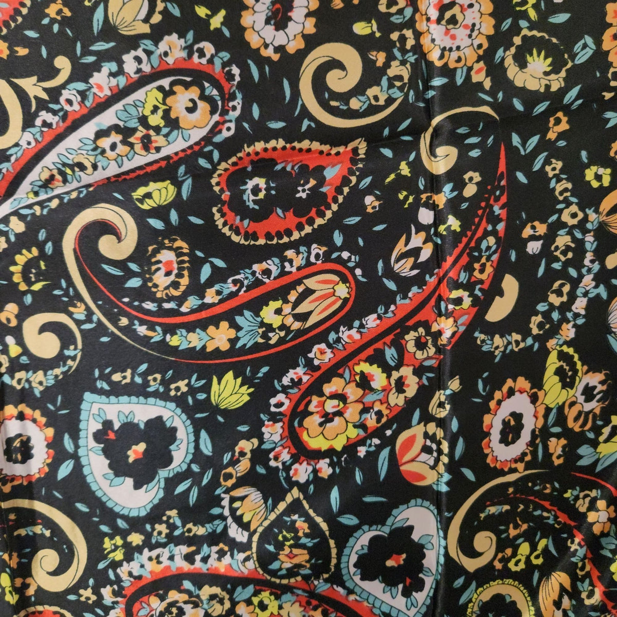 Black Paisley Floral Satin Square Scarf 35x35 Polyester Red Turquoise Fashion