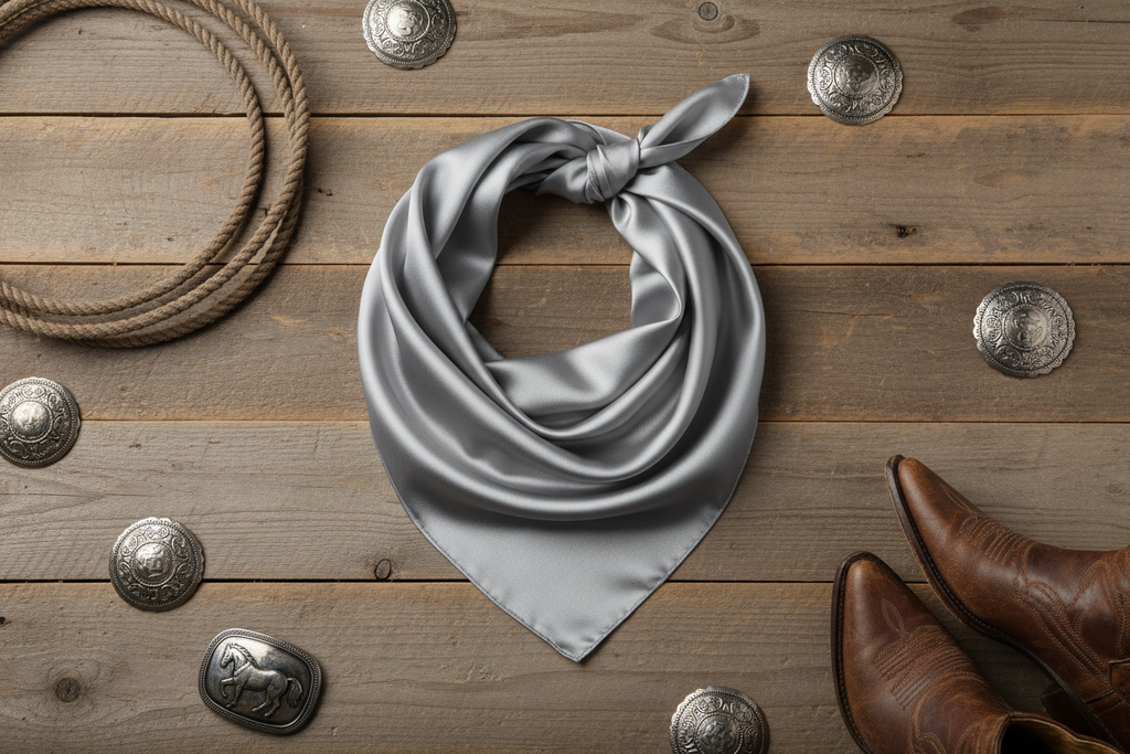 Silver gray wild rag 23x23 laid flat in square shape with western accessories
