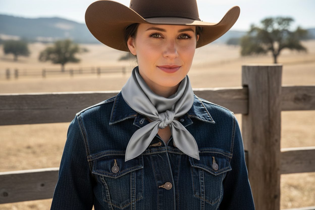 Silver gray wild rag 23x23 scarf wrapped around cowgirl's neck