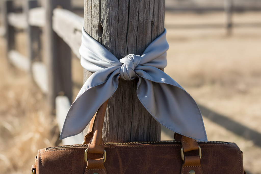 Silver gray wild rag 23x23 tied on western leather purse