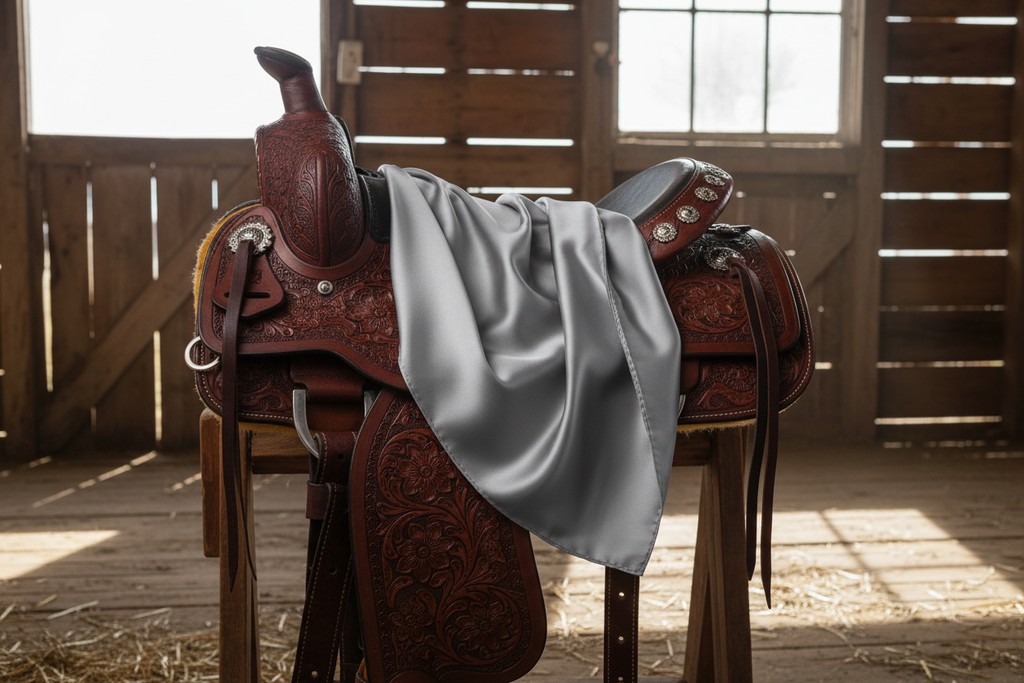 Silver gray wild rag 35x35 draped over western saddle with tack