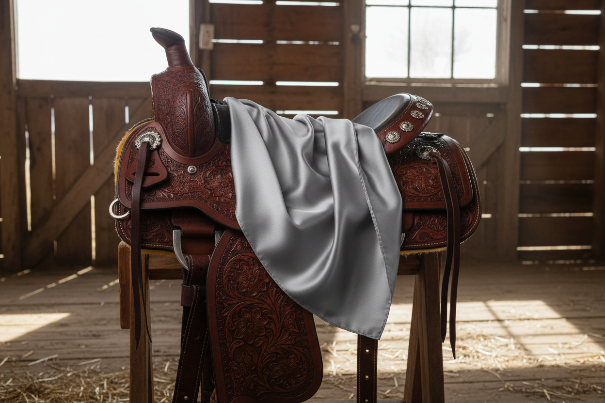 Silver gray wild rag 35x35 draped over western saddle with tack