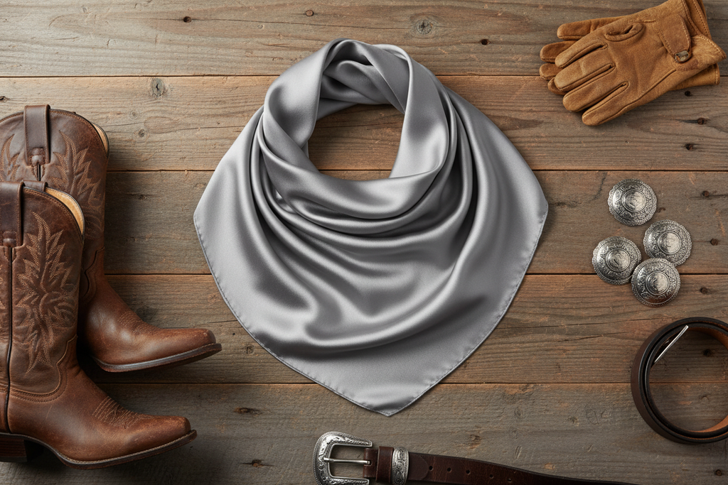Silver gray wild rag 35x35 laid flat in square shape with western accessories