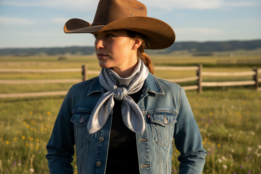 Silver gray wild rag 35x35 scarf wrapped around cowgirl's neck