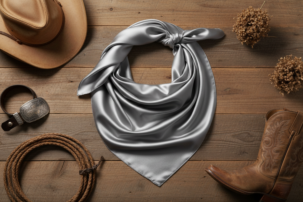 Silver gray wild rag scarf flat lay with cowboy hat and boots