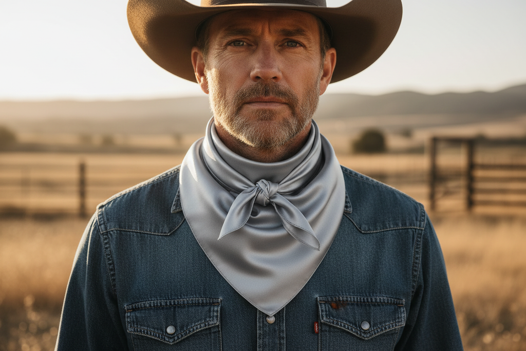 Silver gray wild rag scarf tied in front around cowboy's neck