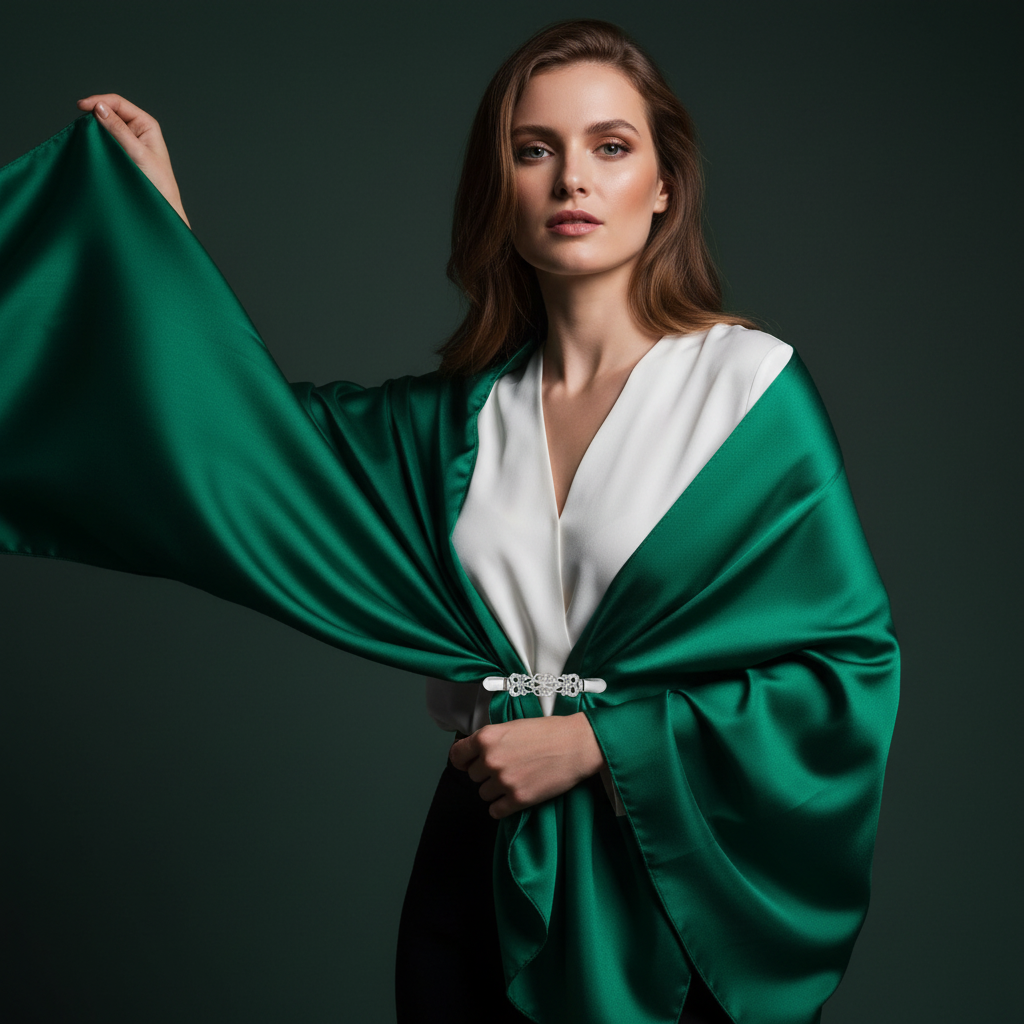Silver sweater clip holding green satin scarf as shawl, luxury editorial