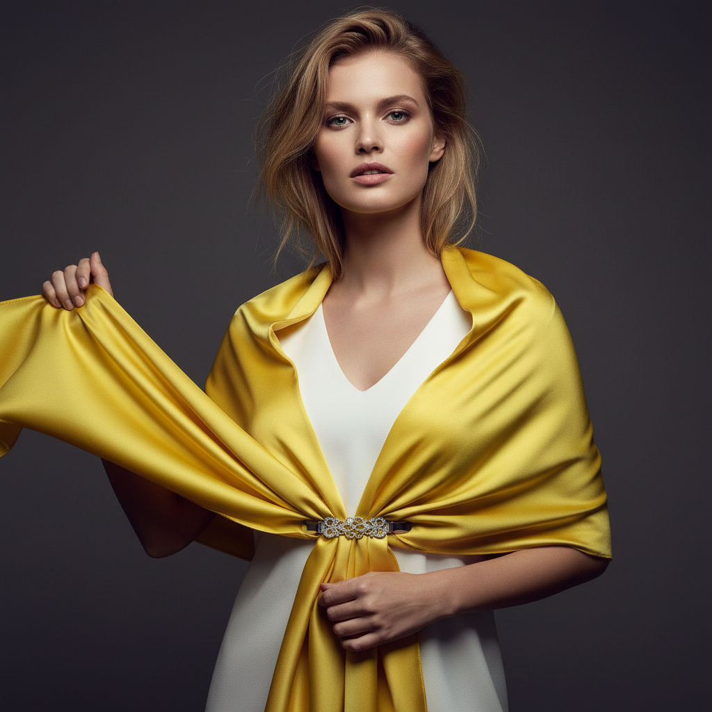 Silver sweater clip holding lemon yellow satin scarf as shawl, luxury editorial