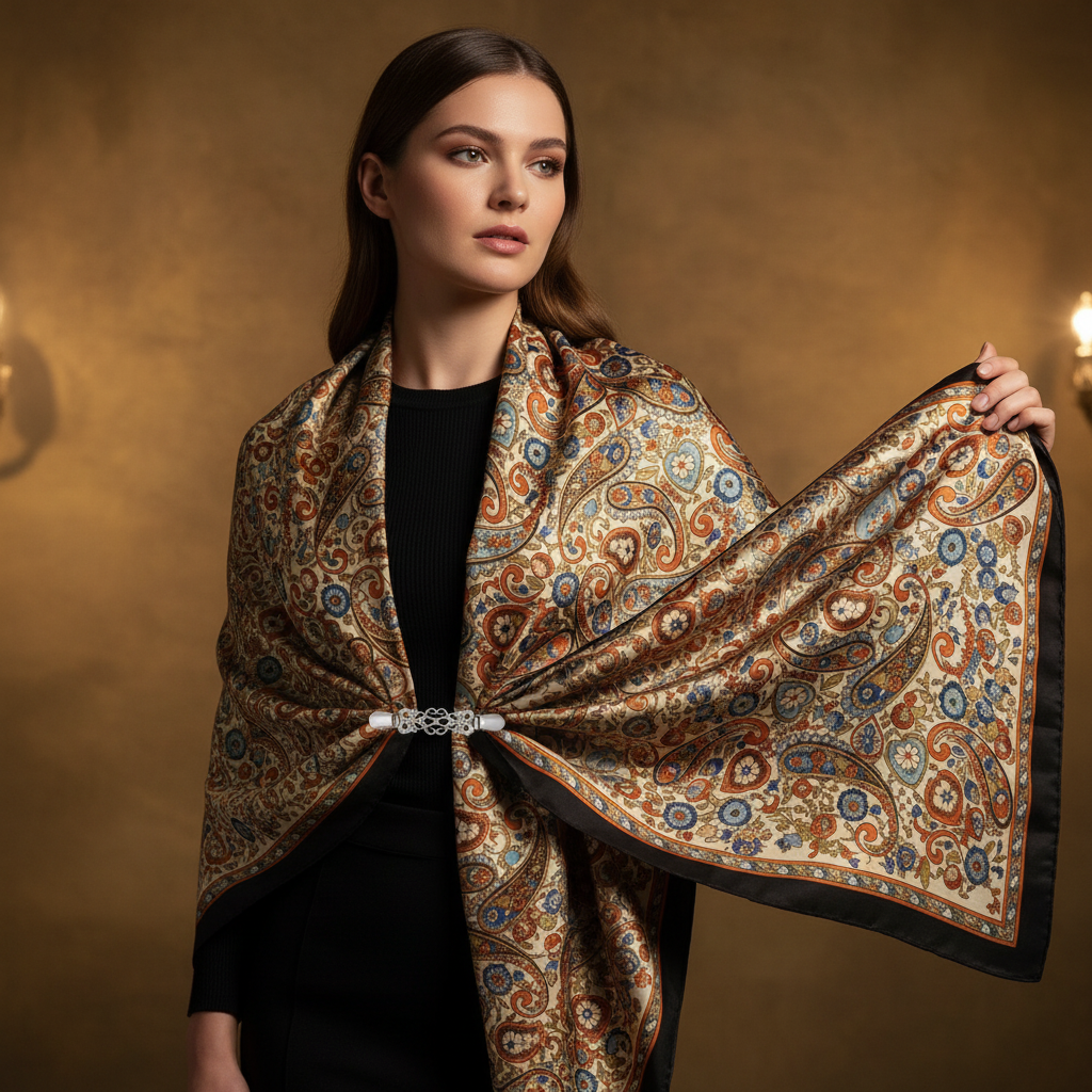 Silver sweater clip holding silk paisley floral scarf as shawl, luxury editorial