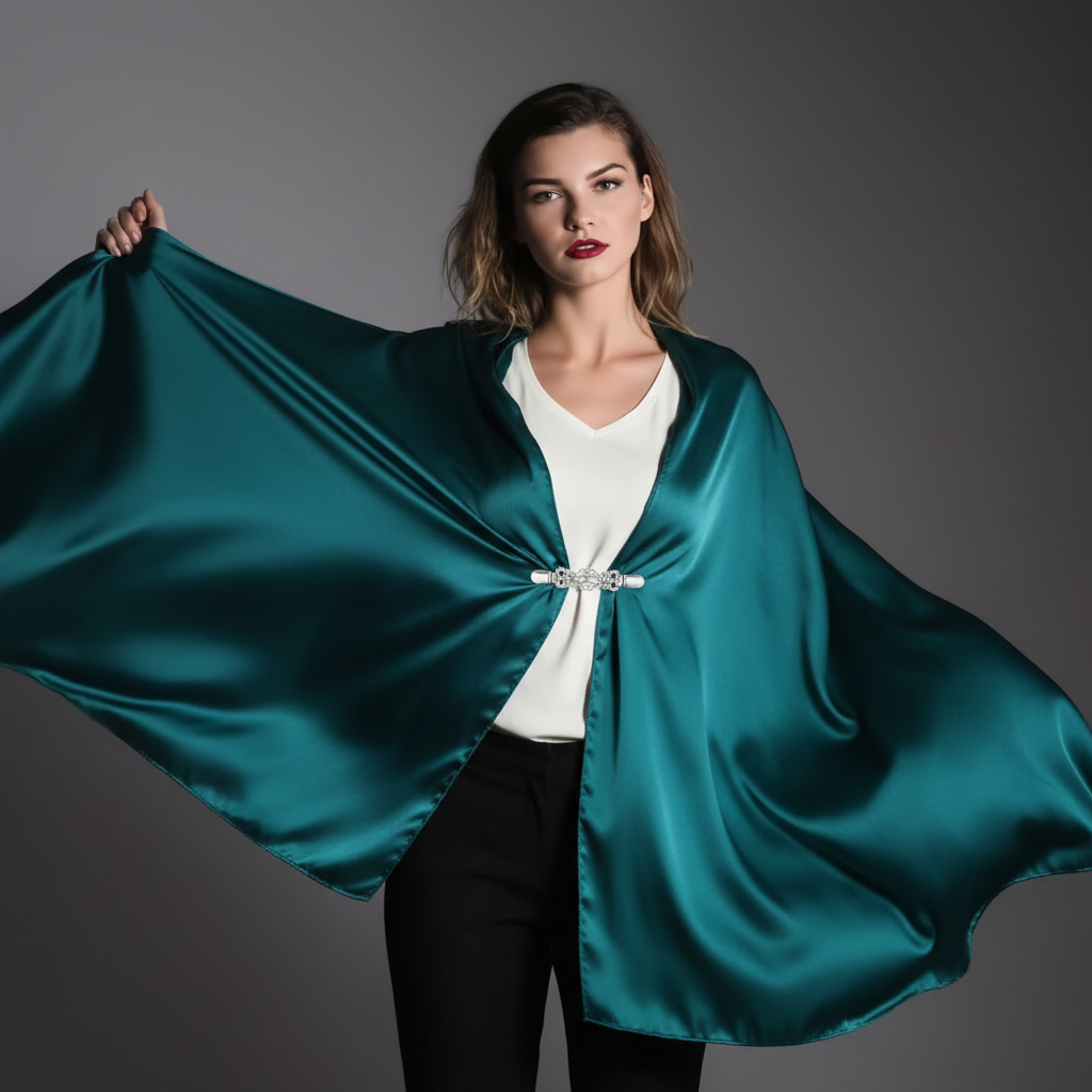 Silver sweater clip holding teal satin scarf as shawl, luxury editorial