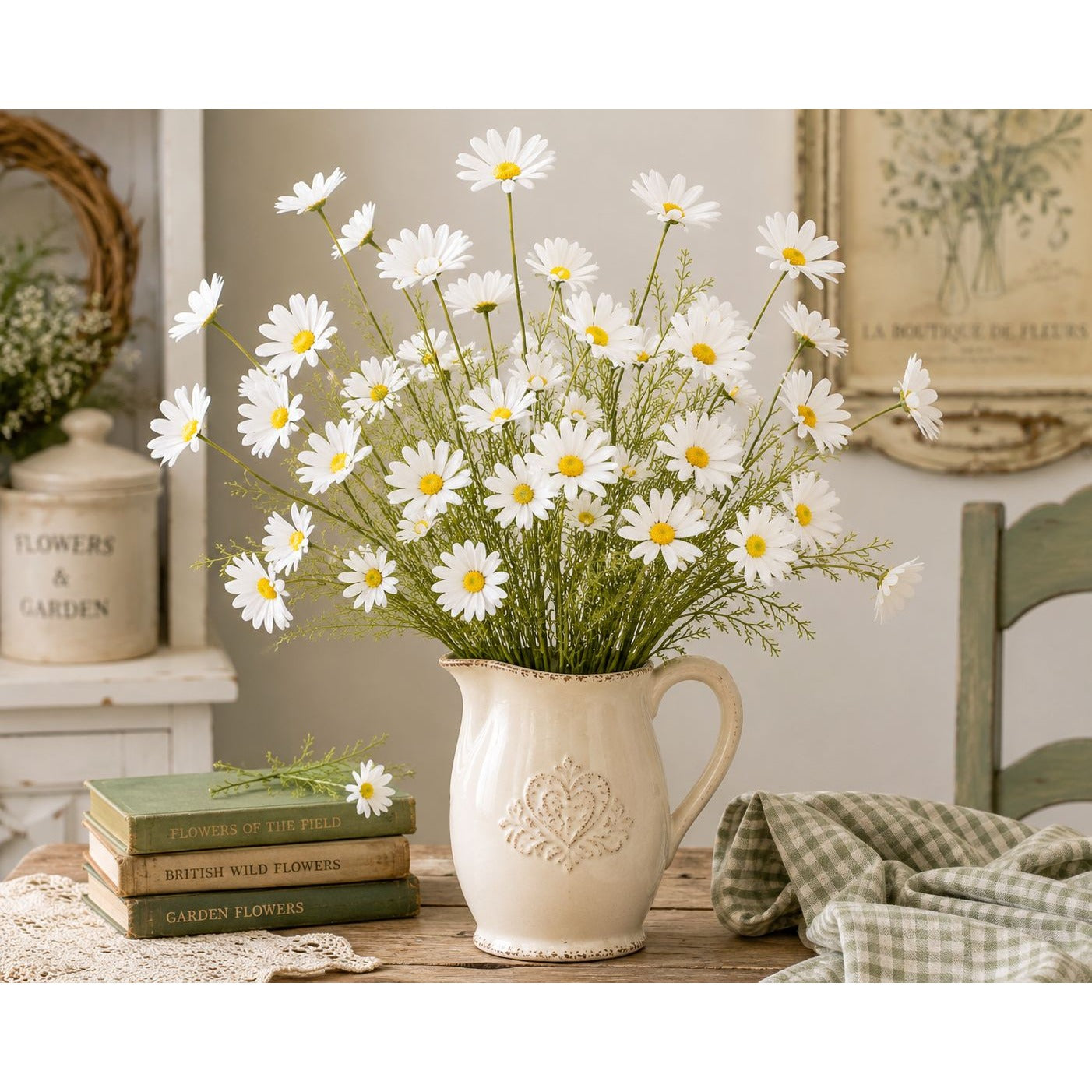 White Faux Daisy Stem 20 Inch Artificial Wildflower Set of 5 Farmhouse Floral Decor