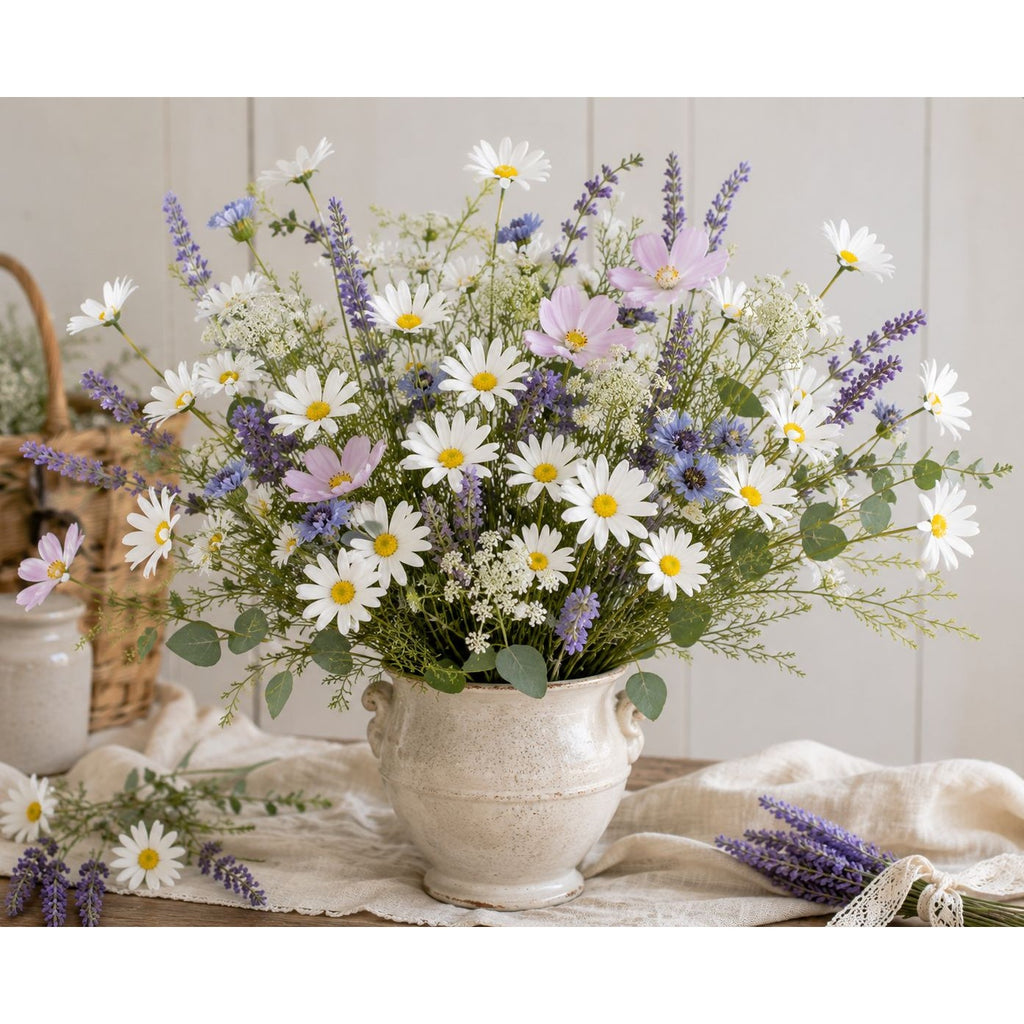 White Faux Daisy Stem 20 Inch Artificial Wildflower Set of 5 Farmhouse Floral Decor