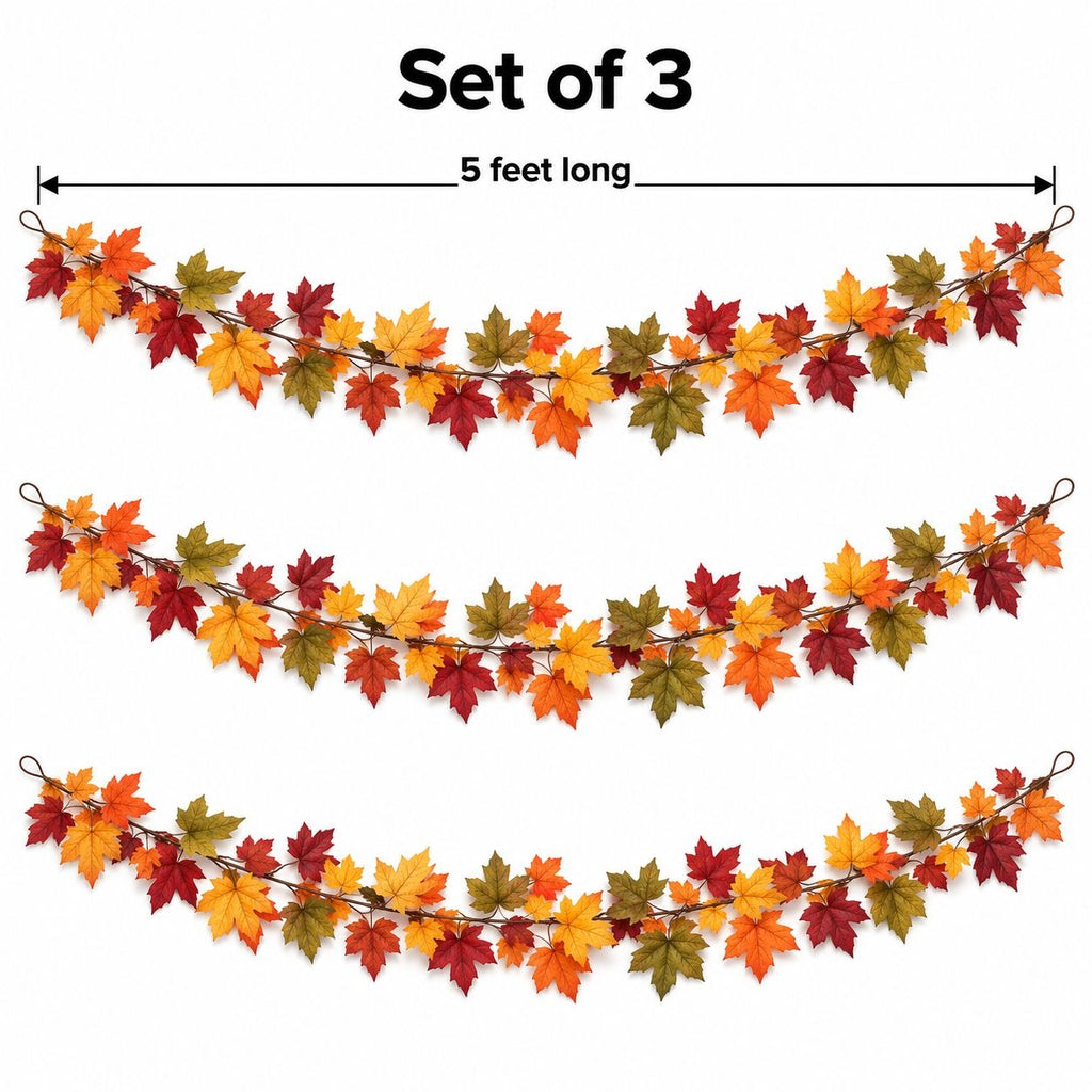 Three autumn leaf garlands shown on a white background with text reading 'Set of 3' and '5 feet long' above them.