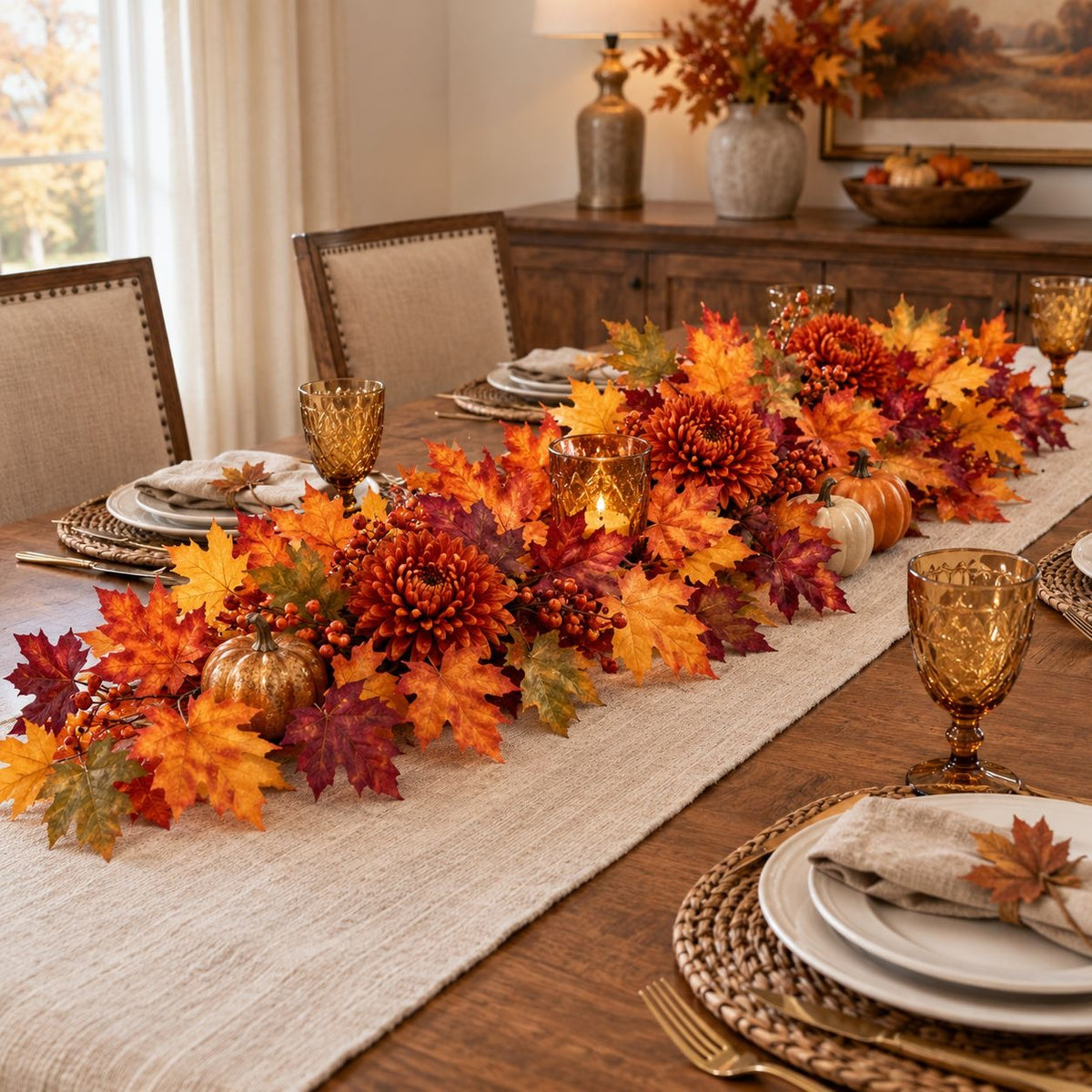 An autumn-themed table runner centerpiece with orange, red, and yellow maple leaves, small pumpkins, and gold candle holders arranged on a beige table runner in a dining room setting.