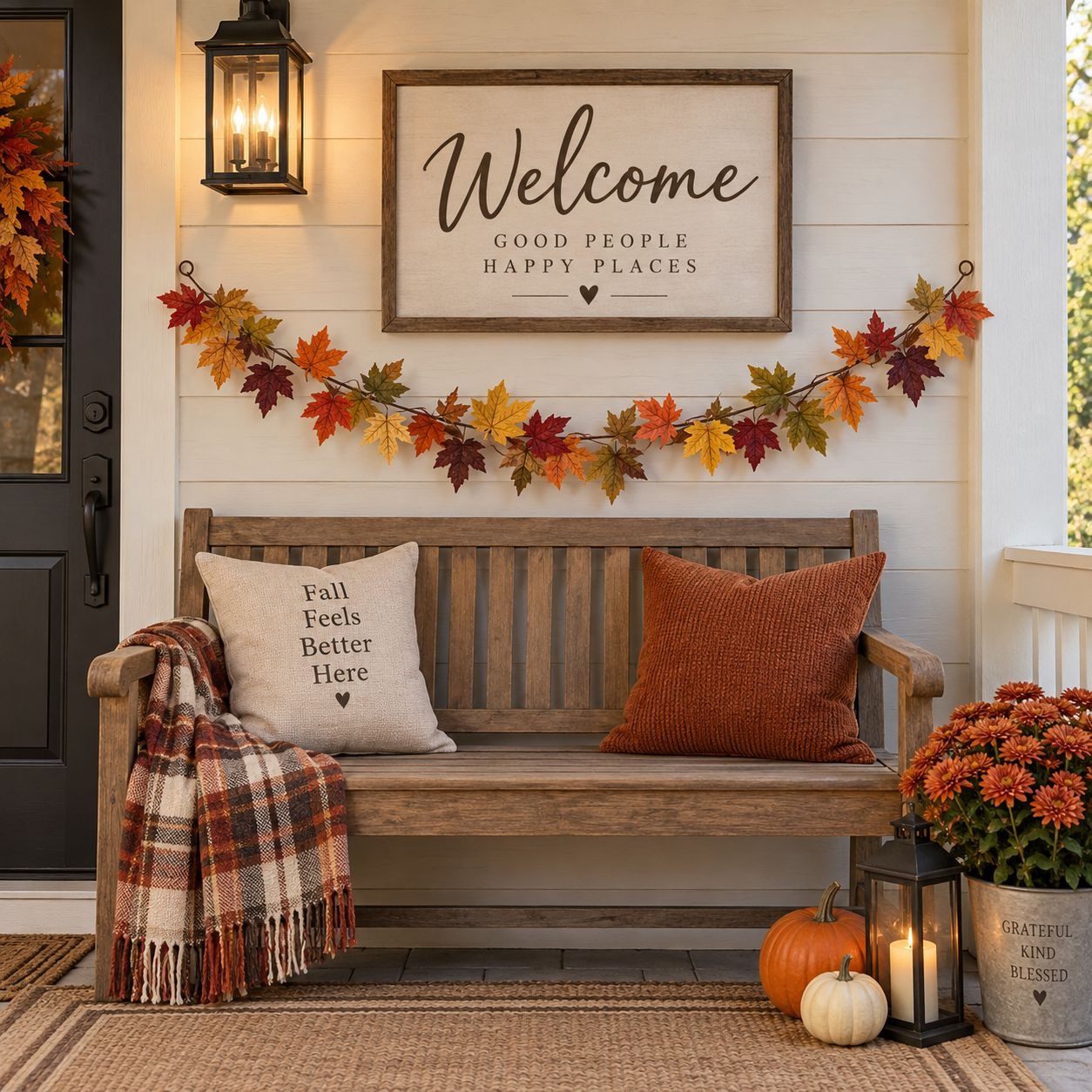 A styled autumn front porch scene with a wooden bench, fall leaf garland, a framed 'Welcome' sign, a plaid throw blanket, two decorative pillows, pumpkins, mums, and lanterns against a white shiplap wall.