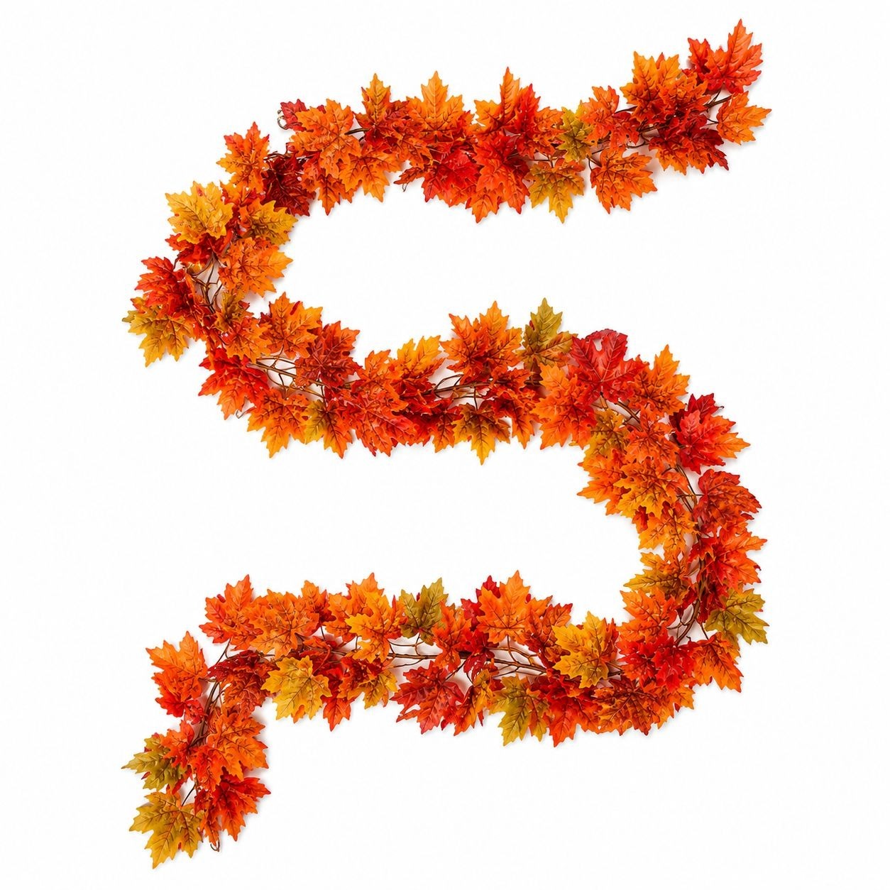 An autumn maple leaf garland arranged in an S-shape on a plain white background, featuring vibrant shades of orange, red, and yellow.