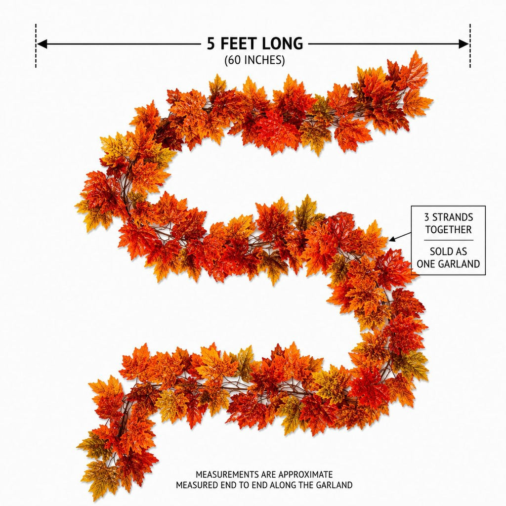 An autumn leaf garland made of 5 strands of orange, red, and yellow maple leaves, arranged in a zigzag on a white background with measurement and informational text overlays.